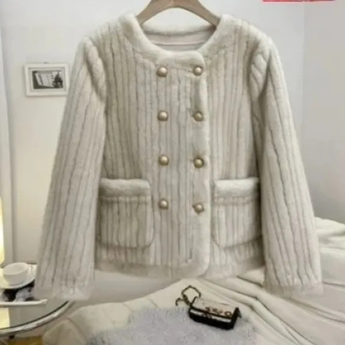 

Женское элегантное двубортное бежевое пальто из искусственного меха с небольшим ароматом, шикарное роскошное пальто из норкового меха, мягкая плюшевая теплая верхняя одежда, зимняя одежда