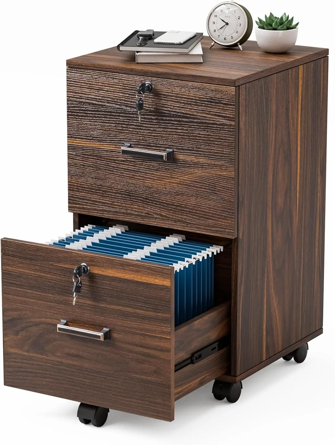 2 Drawer File Cabinet with Lock, Wood Dark Brown File Cabinet for Letter Size File Folders with Tabs NEW USA