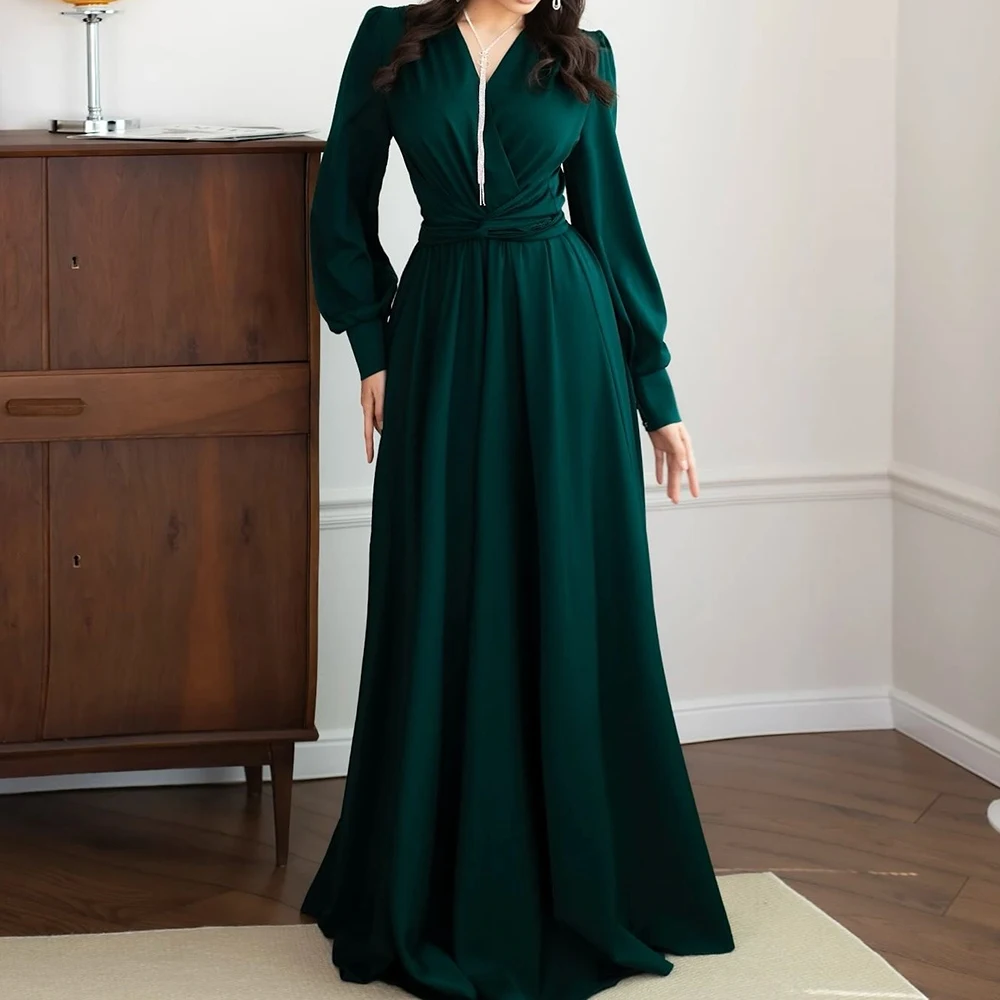 

Customized A-line Evening Dresses Floor-length V-neck Full Sleeve Prom Gown Simple Fashion Draped Casual Party Gown