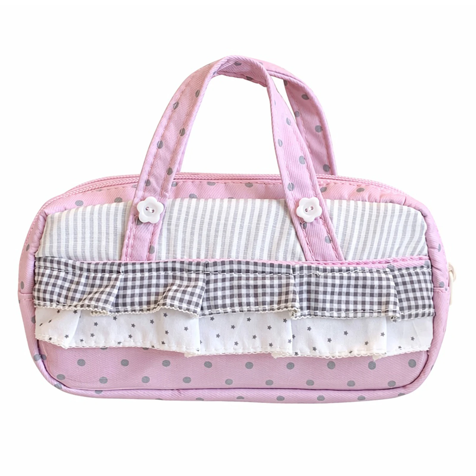 White Grid Star Pencil Pouch with Handle Multi-Purpose Large Capacity Korean Plaid Style Ruffle Stationery Bag