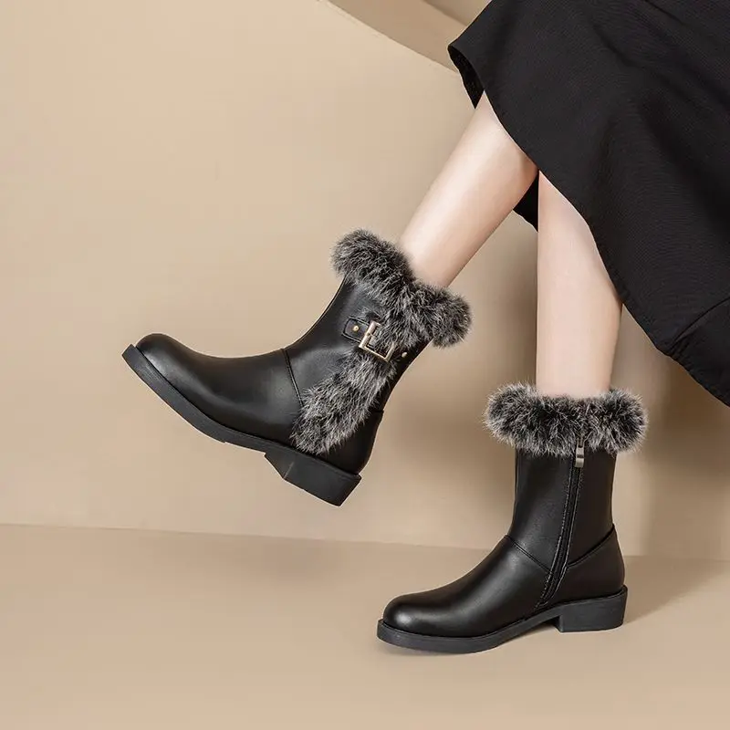 

ORCHA LISA Women's Winter Warm Furry Mid Calf Boots Flats 2cm Heel Zipper Belt Buckle Large Size 45 48 Classic Daily Shoes