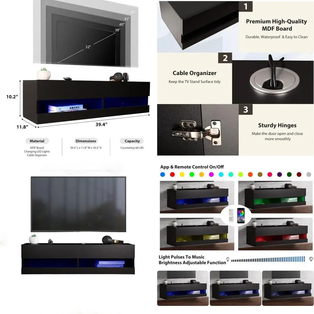 

Wall-Mounted Floating TV Stand with Storage, Black Entertainment Center for Living Room and Bedroom, 39.4L x 11.8W x 10.2H