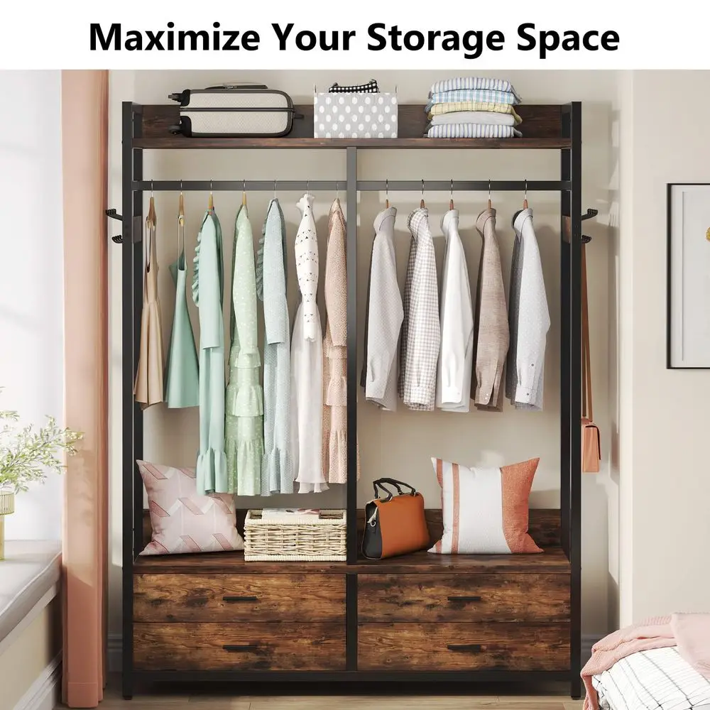 

Freestanding Closet Organizer, Heavy Duty Clothes Rack for Hanging Clothes, Open Wardrobe Closet Garment Rack for Bedroom