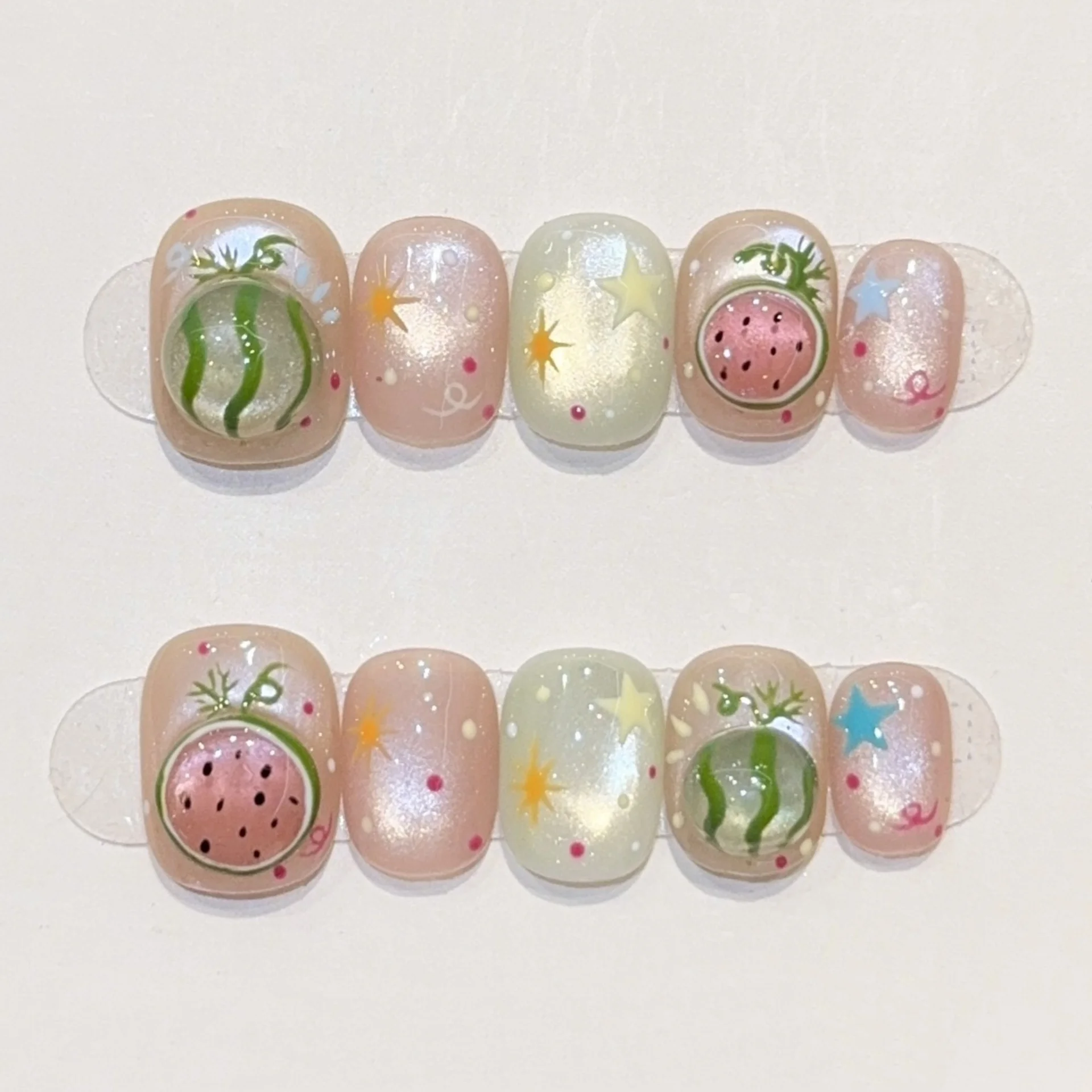

10pcs Watermelon Cat's Eye Handmade False Nails Cute Colorful Press on Nails Tips Short Square Round Fake Nail Art Star Manicure