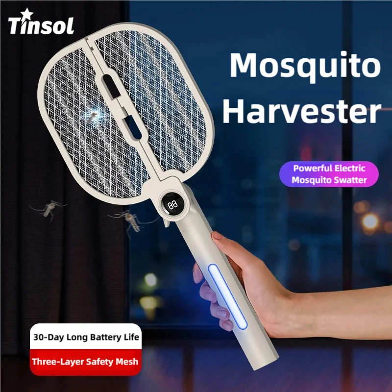 TINSOL Digital Display Foldable Electric Mosquito Swatter, High-Power Rechargeable Mosquito Swatter for Home Use