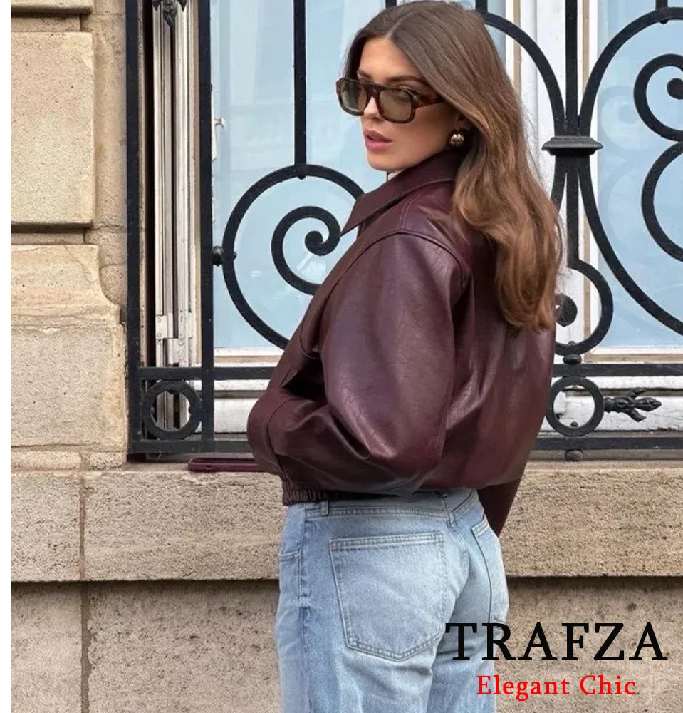 TRAFZA-Women Fashion PU Leather Jacket Zipper Pocket Lapel Burgundy Color Jacket New 2024 Fall Winter Modern Stylish Jackets