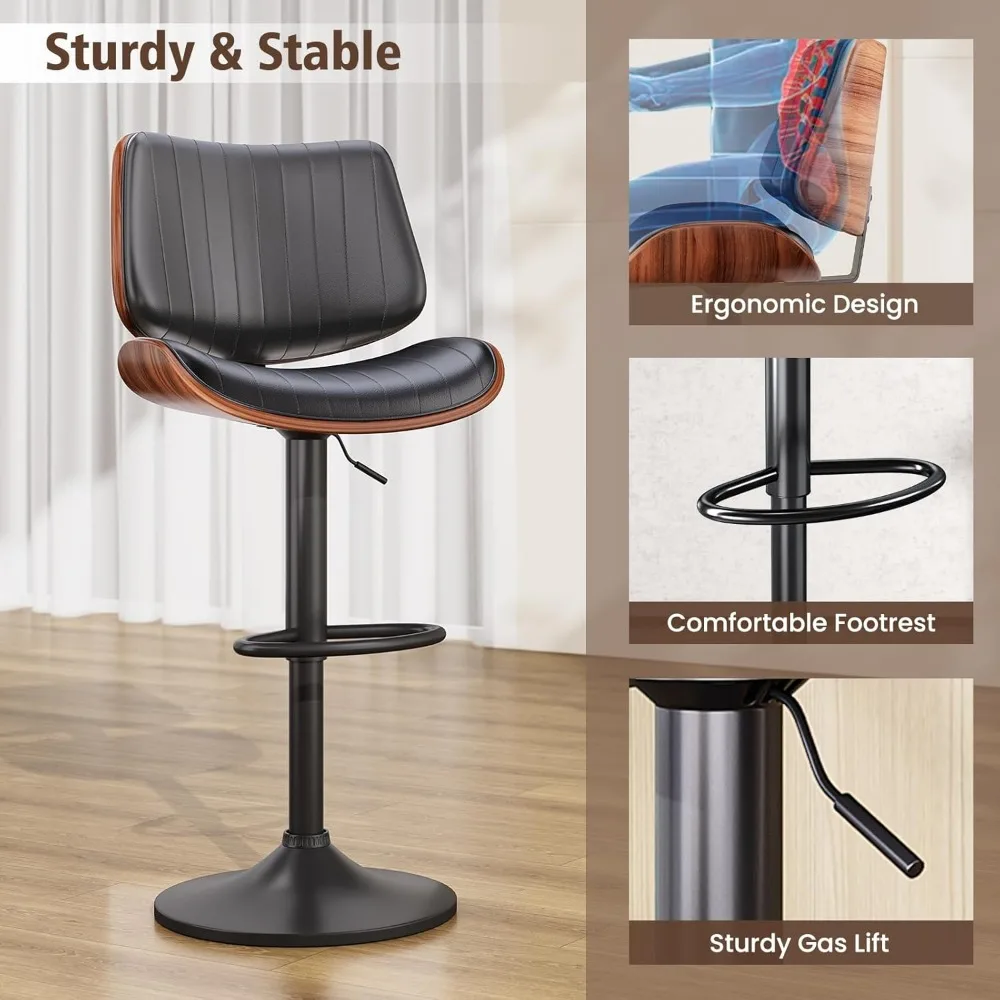 Kursi Bar Set Isi 2, Kursi Bar untuk Pulau Dapur dengan Punggung Bentwood dan Kursi Kulit, Kursi Bar Putar untuk Meja Dapur, Ba
