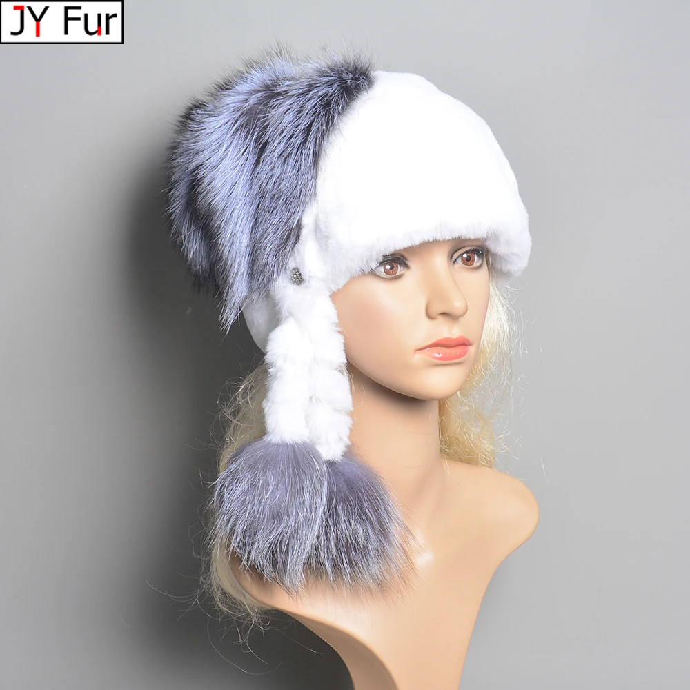 

Russia New Style Women Real Genuine Fox Fur Beanies Hat Girls Natural Real Rex Rabbit Fur Skullies Cap Knit Winter Real Fur Hats