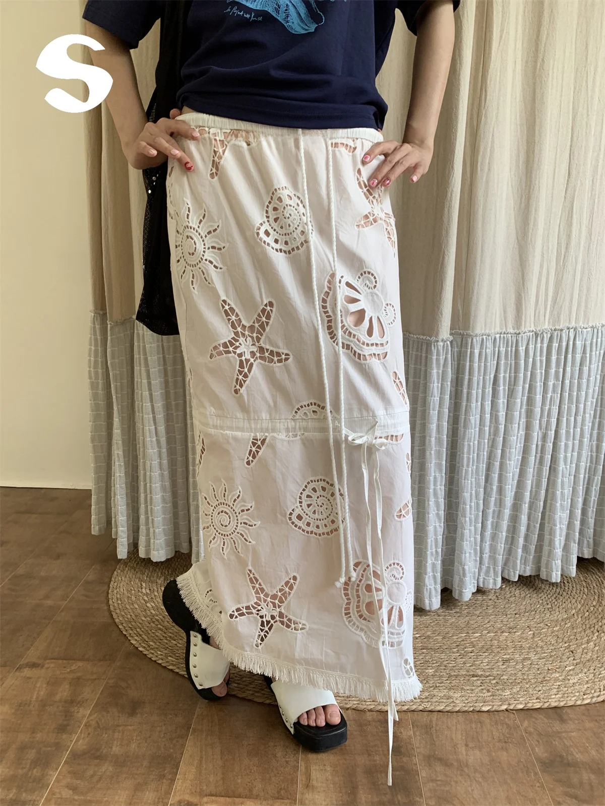 

Summer Vacation Style White Hollow out Hem Long Skirt Straight Tube Half Body Design Casual High Waist Travel Leisure Skirt