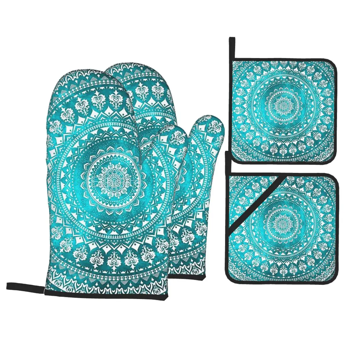 Mandala Turquoise Oven Mitts and Pot Holder Sets of 4 for Baking Kitchen Cooking BBQ Resistant Non-Slip Gloves