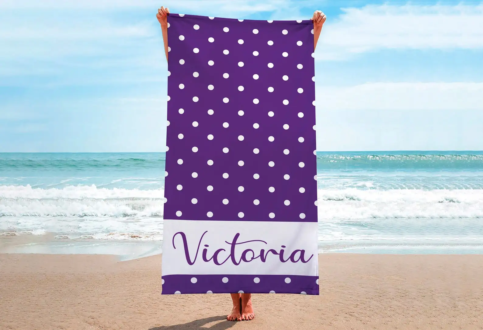 Personalized Polka Dot Beach Towels Custom Name Pool Towel For Bride Vacation Gift Birthday Summer Holiday