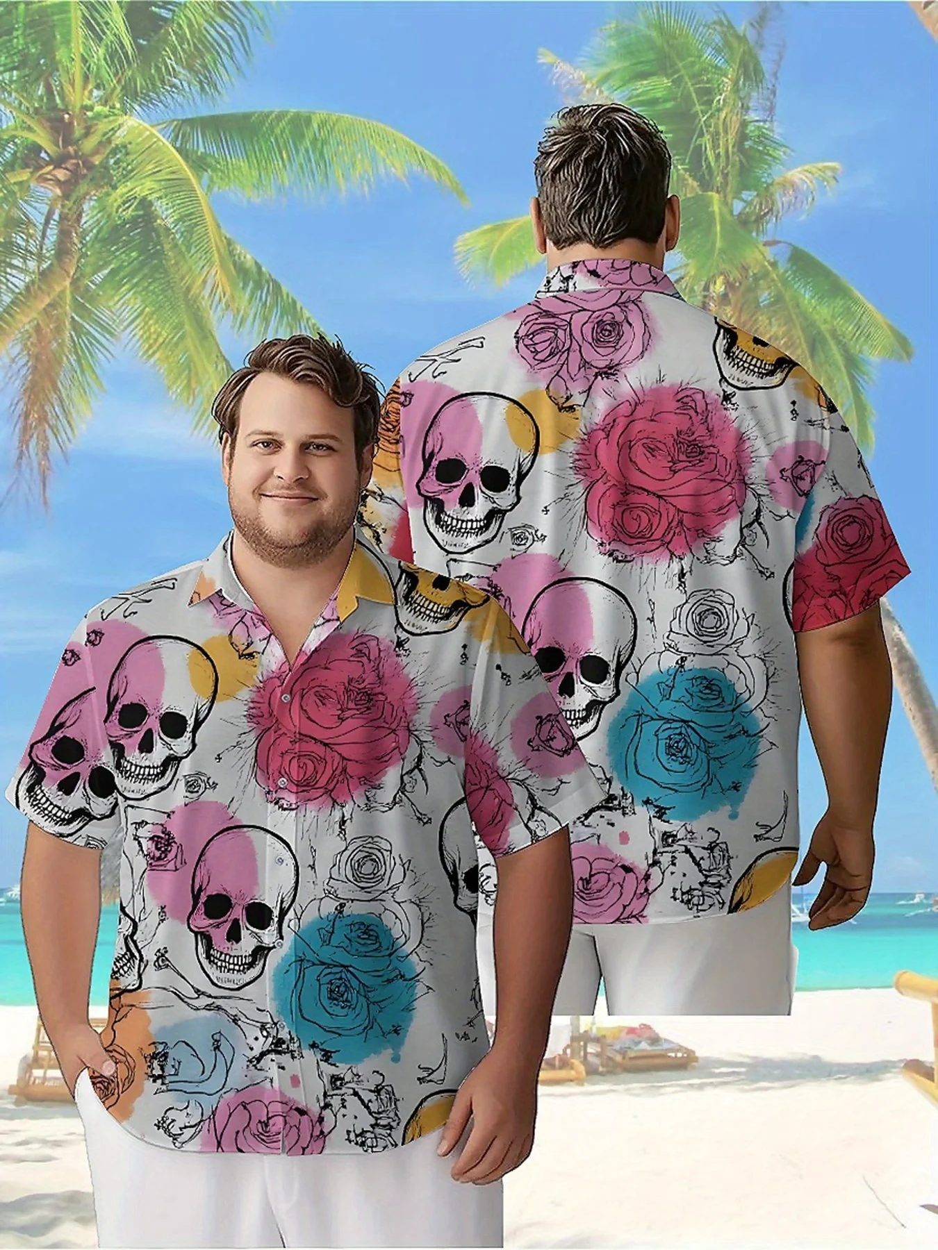 

Men's Plus Size Hawaiian Shirts Skull Rose Art Print Pattern, Summer Casual Tops, Outdoor and Party, Streetwear