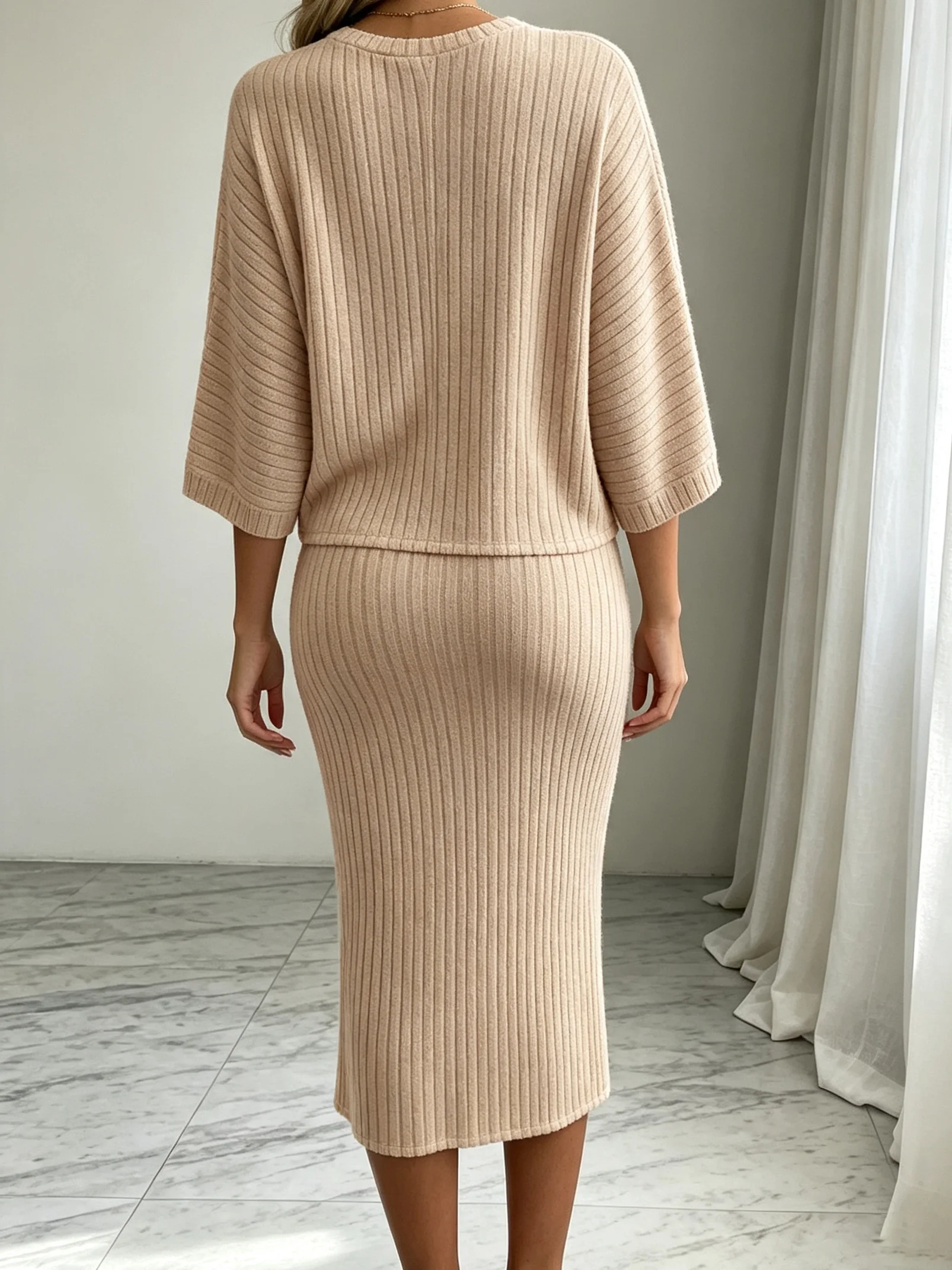 Women 2 Piece Knit Outfit Set Fall Winter Solid Color Crew Neck Long Sleeve Top Midi Skirt Elegant Office Commuter Dress Suit