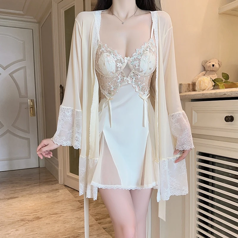 꽃 자수 가운 세트 섹시한 성인 Lingеrie 나이트 드레스 여성 Lencerias Nightgowns Nuisette Sexy De Nuit Sleepwear Woman