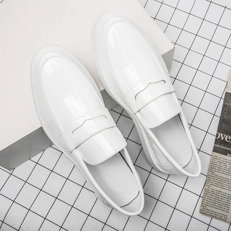 Spring and Autumn White Loafers Slip-On Patent Leather Smooth Casual Shoes Thick Sole Fashion Dress Shoes Moccasin Leather Shoes