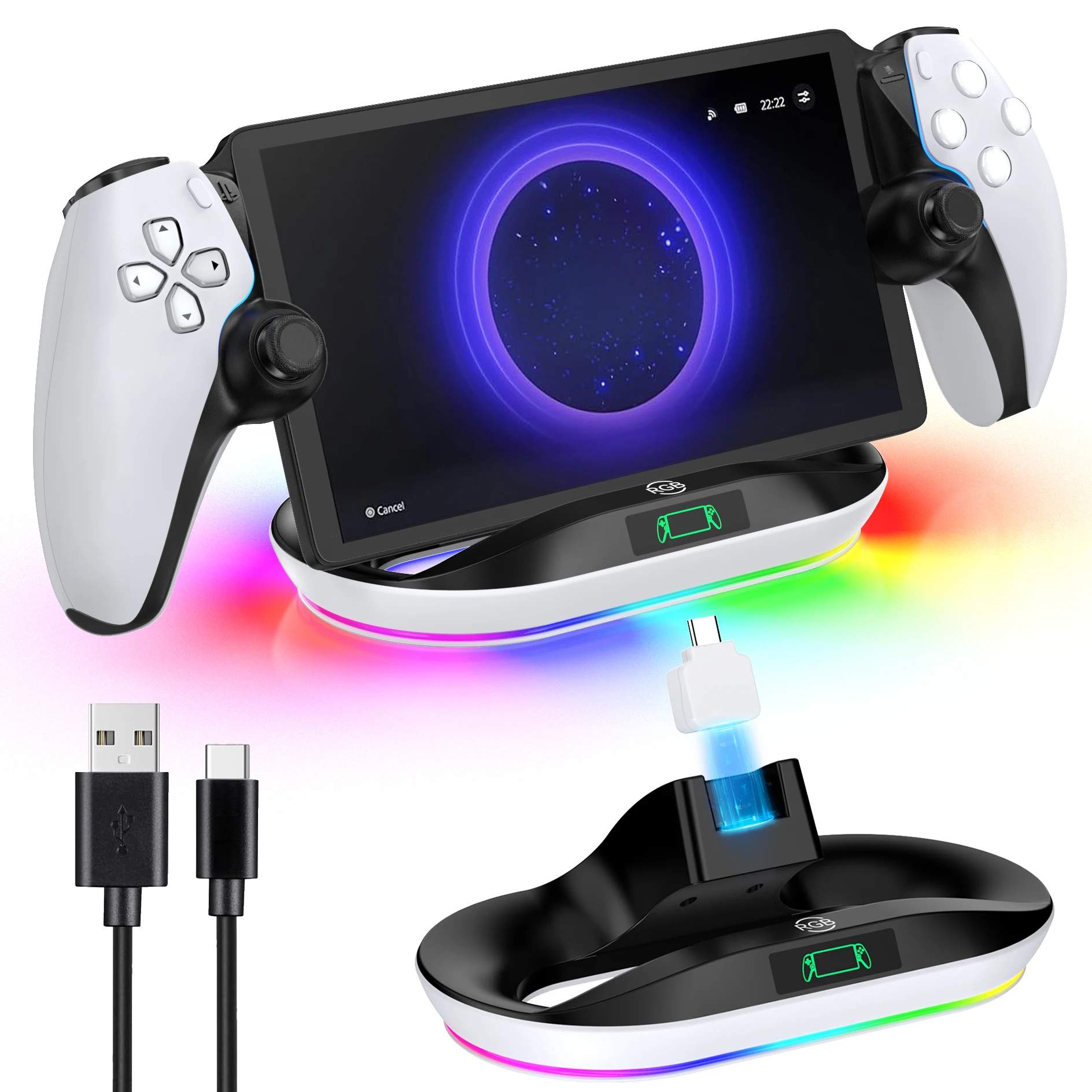 Charging Dock Station for PlayStation Portal Charger Stand for PS Portal with 9 RGB Light Handheld Stand Holder for PS Portal