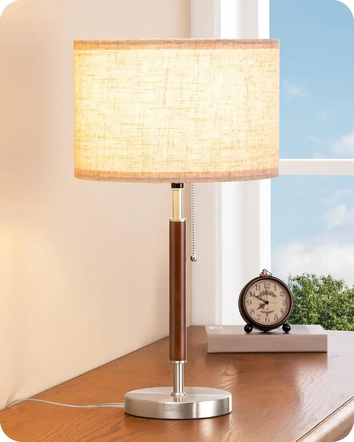 

EDISHINE Mid Century Table Lamp, Solid Wood and Metal Bedside Lamp with Pull Chain Switch & Beige Linen Shade, Retro Nightstand