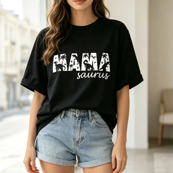 Funny Mamasaurus Graphic Unisex T‑Shirt Vintage Dinosaur Silhouette Short Sleeve Cotton Tee Casual Daily Tops Gift for Mother