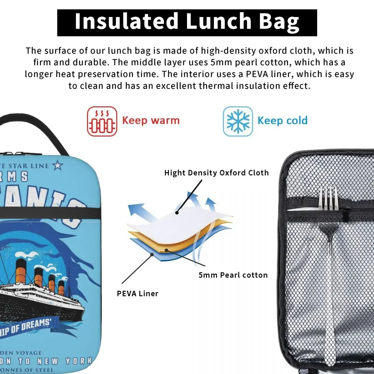 2025 New White Star Line RMS Titanic Insulated Lunch Bag Boys Kids Gift Food Container Bags Leakproof Thermal Cooler Lunch Box