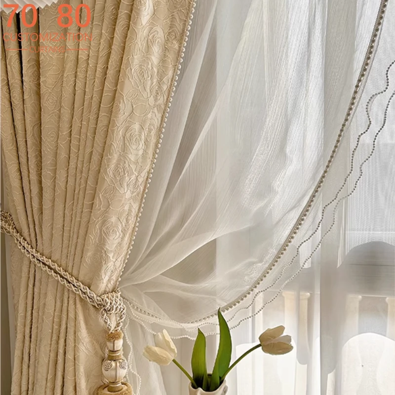 French Cream Relief Rose Jacquard Pearl Lace Curtains for Living Room Bedroom French Window Lace Pearl Screen Design Finished