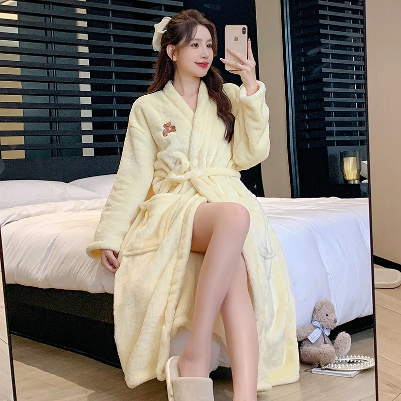 2023 New Warm Nightgown Women Autumn Winter Sweet Sexy Coral Fleece Thickened Long Pajamas Bathrobe Home Wear