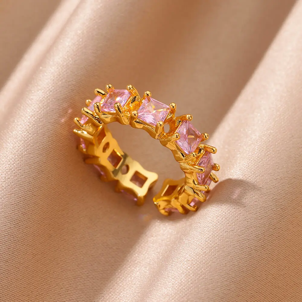 

Pink Square Zircon Square Spliced ​​Open Rings For Women Minimalist Gold Color Adjustable Wedding Aesthetic Ring Female Jewelry