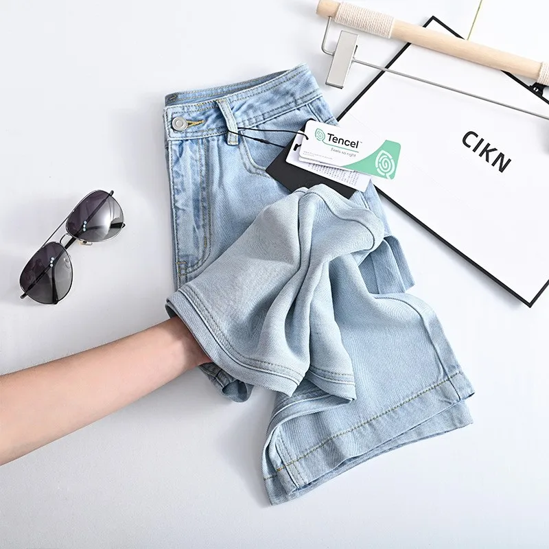 

Lightweight Cool Silk Denim Pants High Waist Wide Leg Straight Cut Women's Summer Thin Version Jeans Long Blue