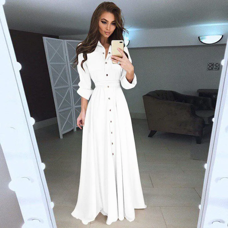 

Women Lapel Neck Button Down Long Sleeve Solid Color Evening Party Maxi Dress