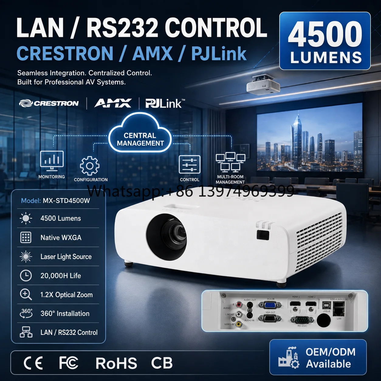 4500 Lumens 4K Conference Room Laser Projector WXGA 30-300 Inch Large Screen Built-In Speakers 2-Year Warranty for Business
