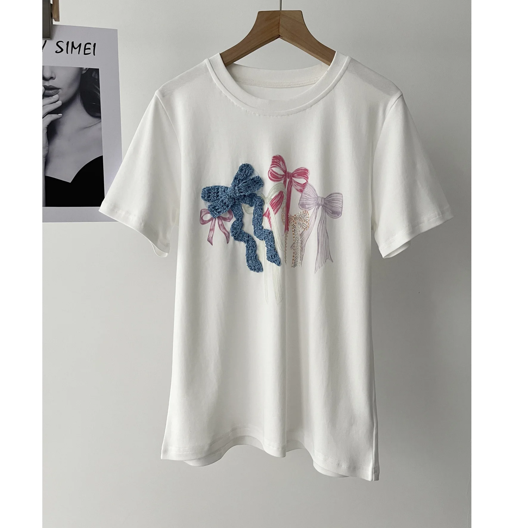 

Design Bow Crochet Hot Diamond Girl Sweet Short Sleeve T-Shirt Summer Women 087-0873