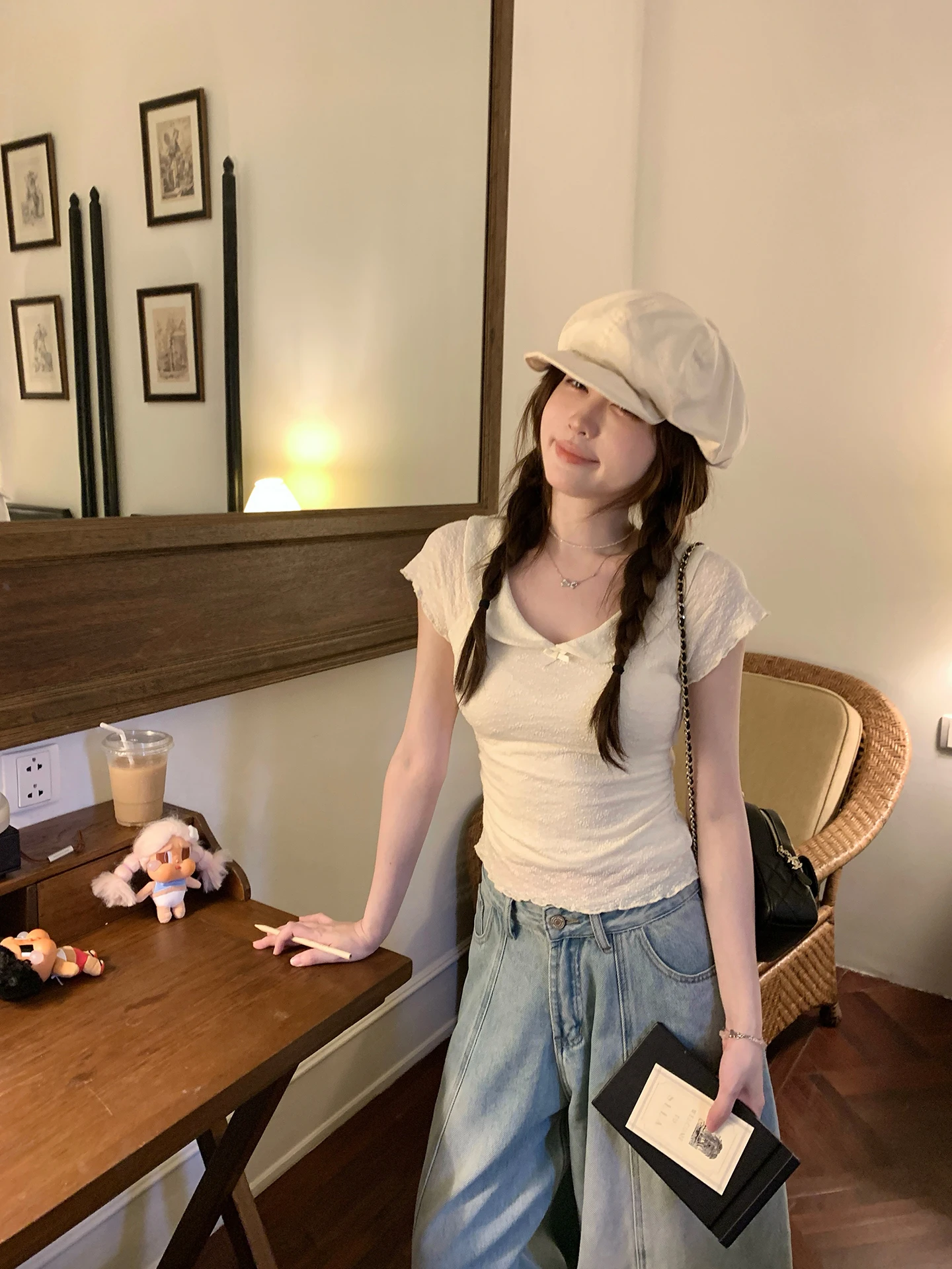 PtonUmi Ballet Practice Room Doll Collar Waist Cinched Short Sleeve T-Shirt Women Summer Short Top Sweet Style City Walk Comm...