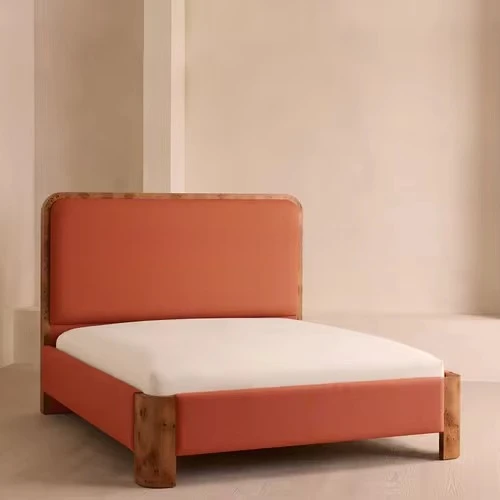 

OE-French Countryside Bedroom Furniture Solid Wood Mid-Century Style Bed with Burl Frame Linen Upholstery·