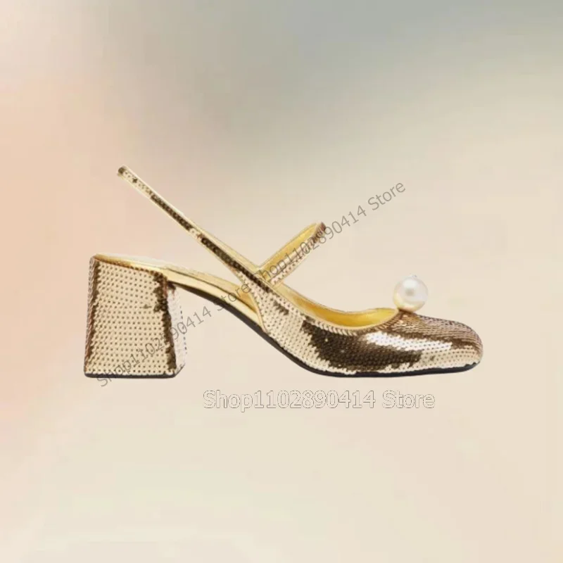 

Gold Sequins Pearl Decor Round Toe Pumps Ankle Buckle Strap Women Shoes Chunky High Heels Fashion Party 2023 Zapatos Para Mujere