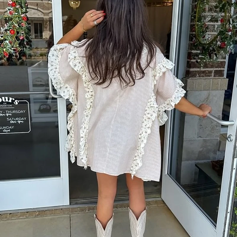 Printemps Patchwork imprimé à volants robe ample femme élégante col en V simple boutonnage chemise robe nouvel été à manches courtes robe de vacances