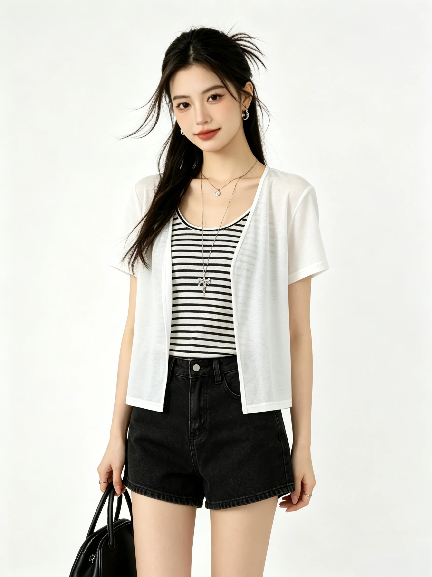 

Casual Stripe Knitted Vest And Cardigan Set Women's Summer Anti-Aging Versatile Leisure Layering Ensemble Breathable Short Sl...