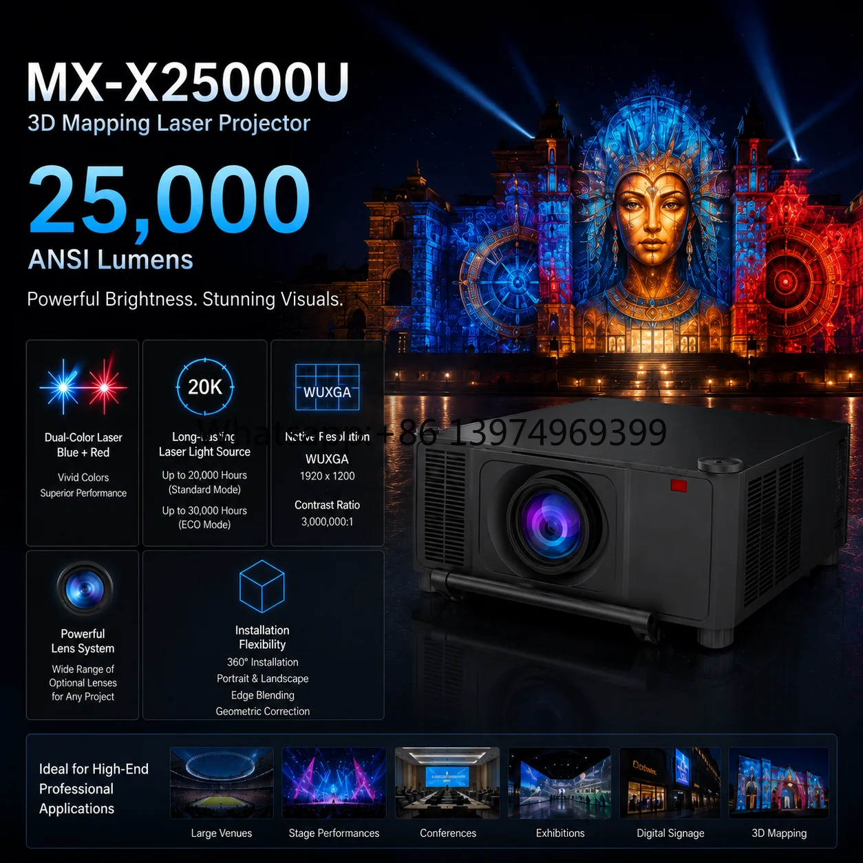 25000 Lumen 3D Mapping Laser Projector Professional for Large Stage Auditoriums Outdoor Building Mapping 4K Support ODM OEM