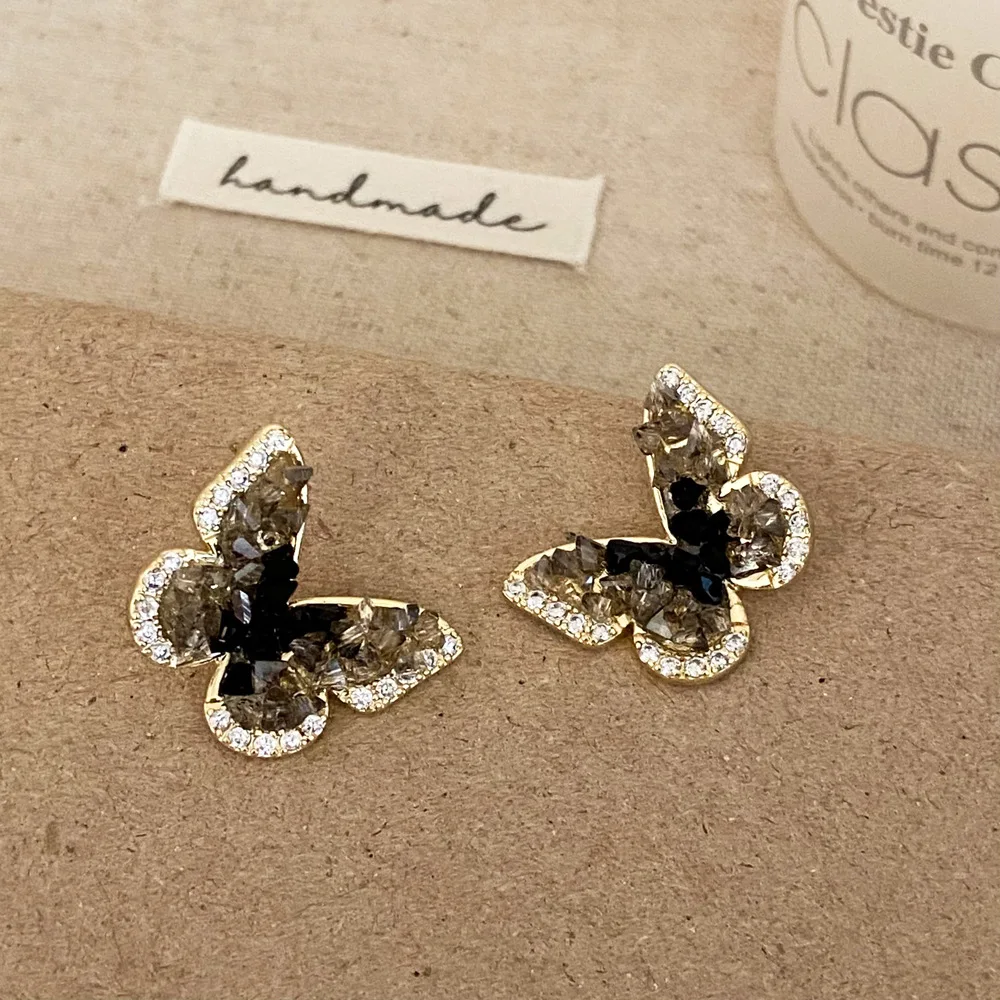 Korean Popular Gold Plated Black Diamond Butterfly Stud Earrings Women Fashion Fine Jewelry Valentine Day Gifts Wholesale