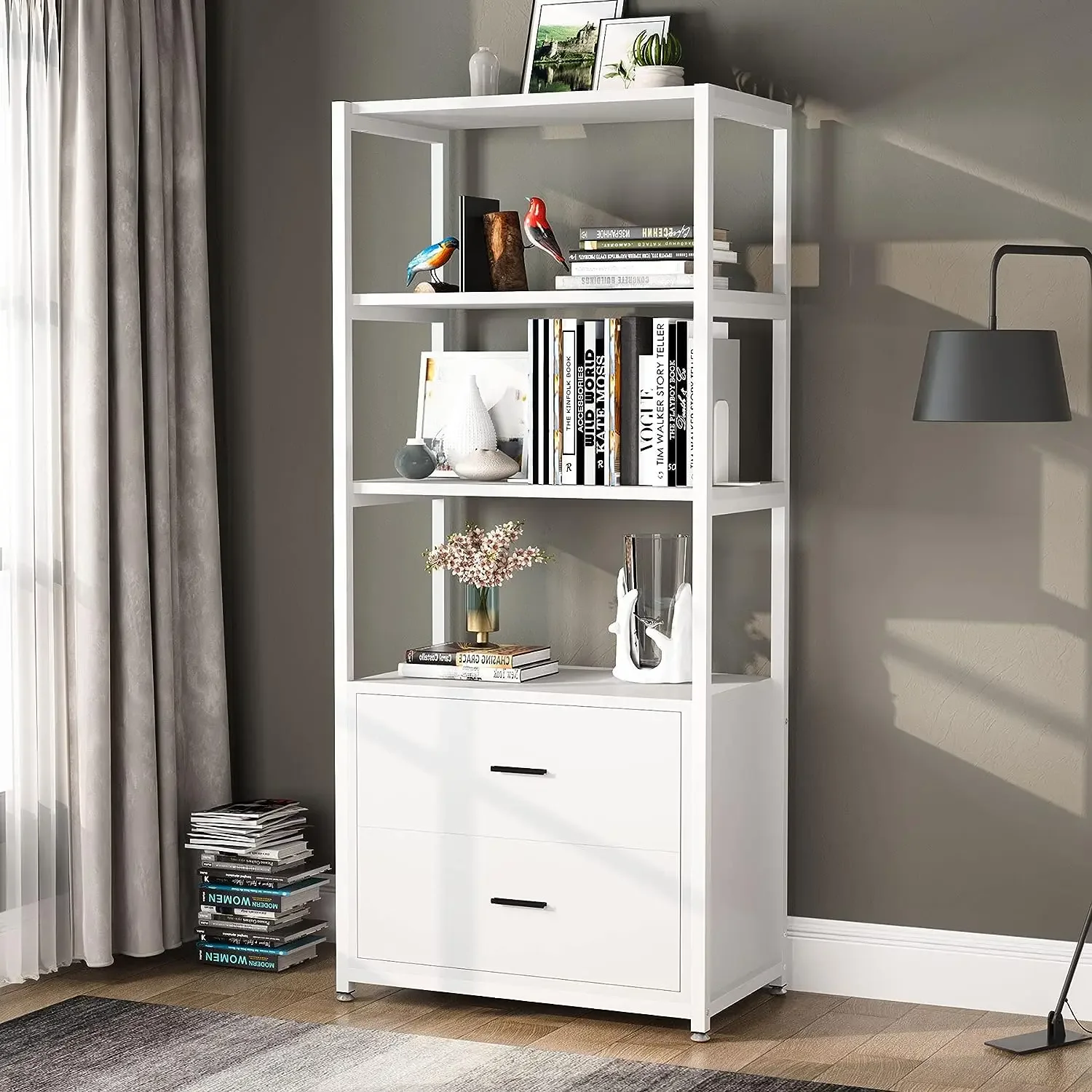 Tribesigns Bookcase 4-Tier White Bookshelf with 2 Drawers Etagere Standard Book Shelves Display Shelf for Home Office