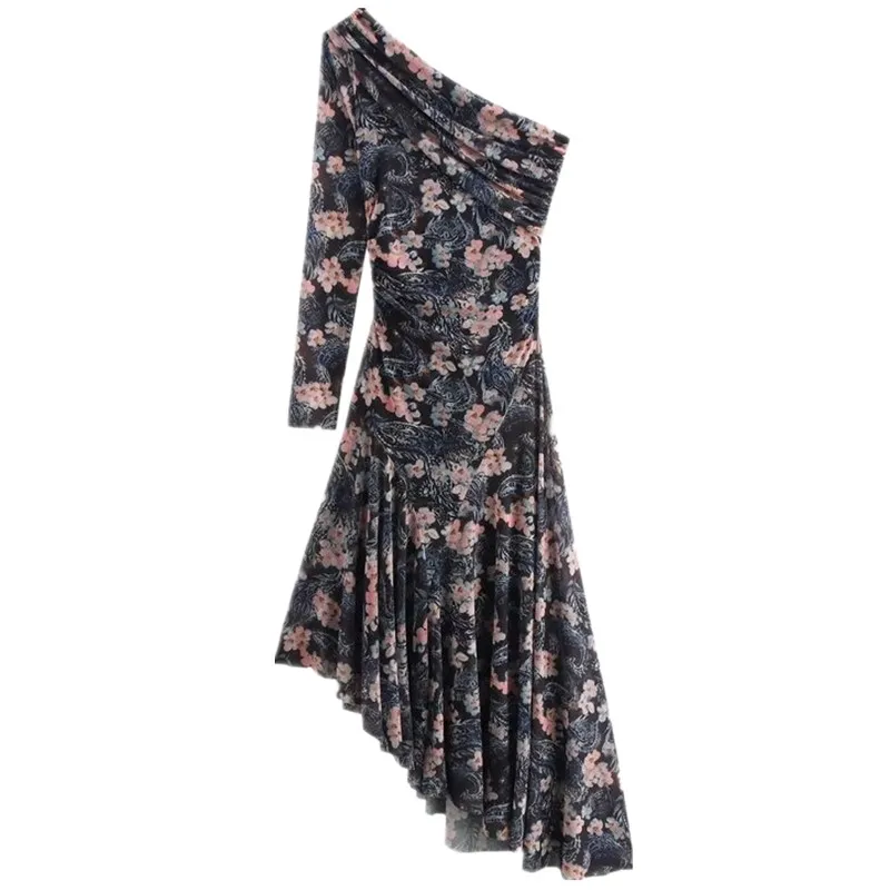 アシンメトリープリントシルクメロングドレス 秋冬新作 エレ通勤 スレ シングルピース その他素材 00%