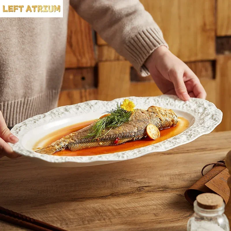 

Oval Rock Texture Plate Ceramic Tableware Restaurant Steamed Fish Plate Dessert Dish Cake Plate Sushi Plates Barbecue Plates