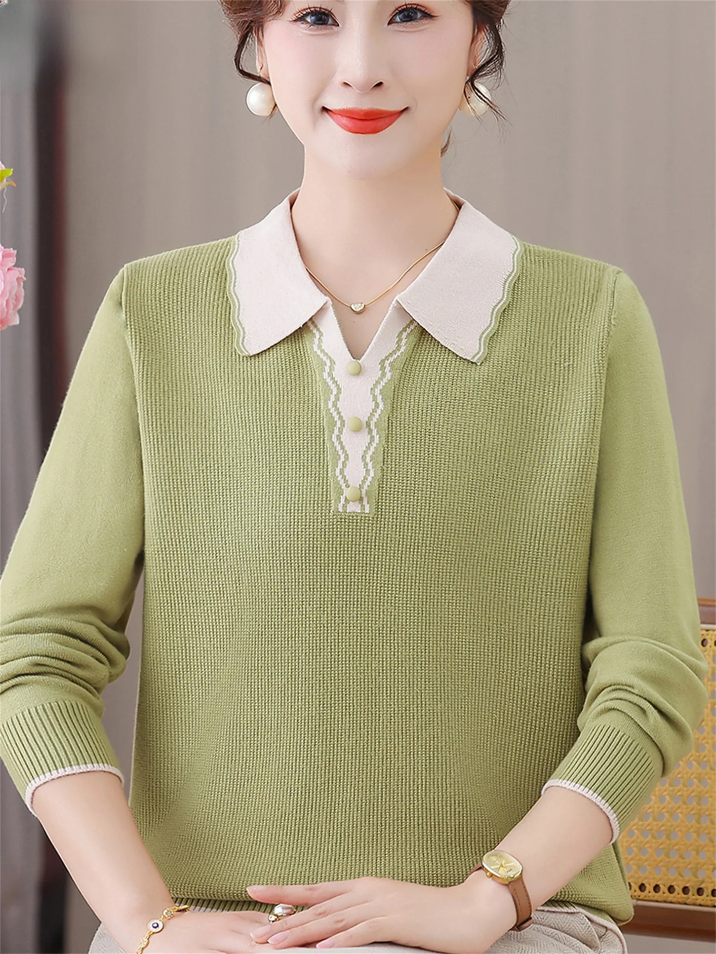 

Faionable Knitted Long Sve Ne Base Layer Top for Middle-Aged And ly Women Spring Autumn Mom Sle Casual Wear