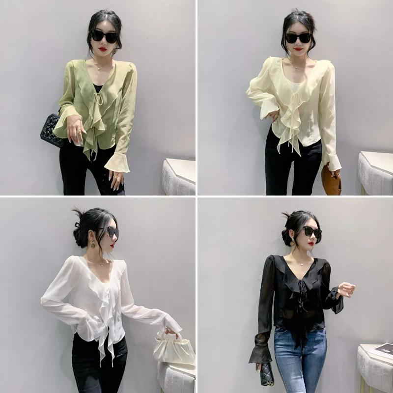 Winsleter Streetwear Clothes Chiffon Blouses Short Sleeve Shirts Ladies Sexy Ruffle V Necks Slim Thin Tops New T36918JM