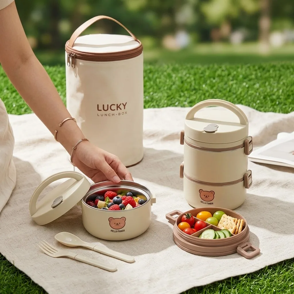 Microwavable 304 Stainless Steel Bento Lunch Box Thermal Food Storage Container 2/3 Tier Portable Leakproof with Spoon for Kids