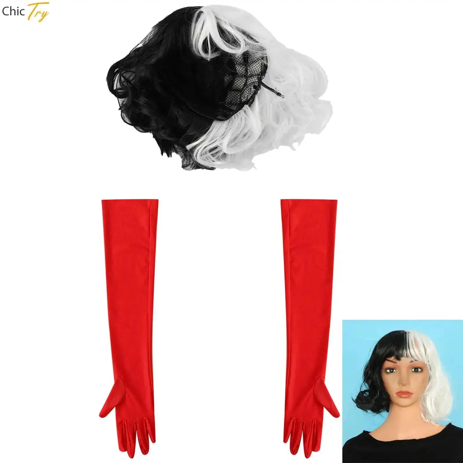 Women Halloween Cosplay White and Black Wig  Long Glove Evil Villain Character Crazy Gothic Costume Accessory for Dress-up Party