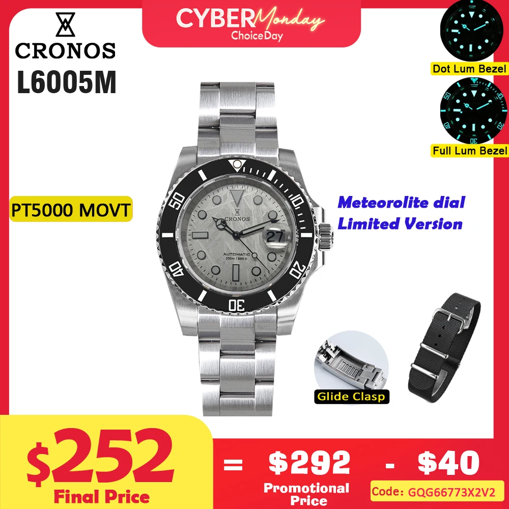 Cronos Sub Diver Men Watch Stainless Steel PT5000 Bracelet Ceramic Bezel 200 meters Water Resistant Glideclasp L6005 V3