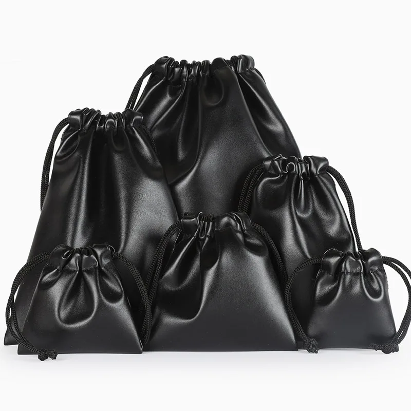 20pcs/lot 7x8, 9x9, 12x11cm Drawstring Black PU Leather Bags Jewelry Gift Pouches Valentine Christmas Gift Packing Bag
