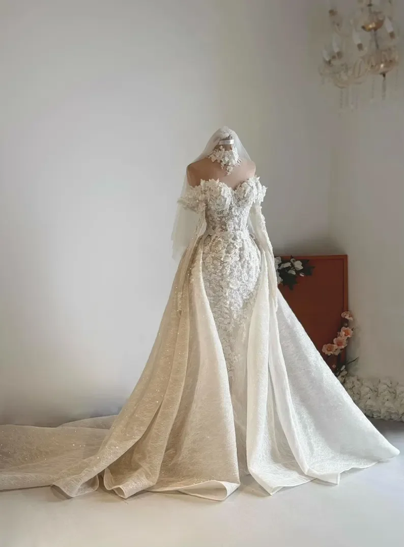 New Luxury Detachable Wedding Dress Off Shoulder 3D Floral Lace Beaded Mermaid Bridal Gown For Bride Formal Party Customize