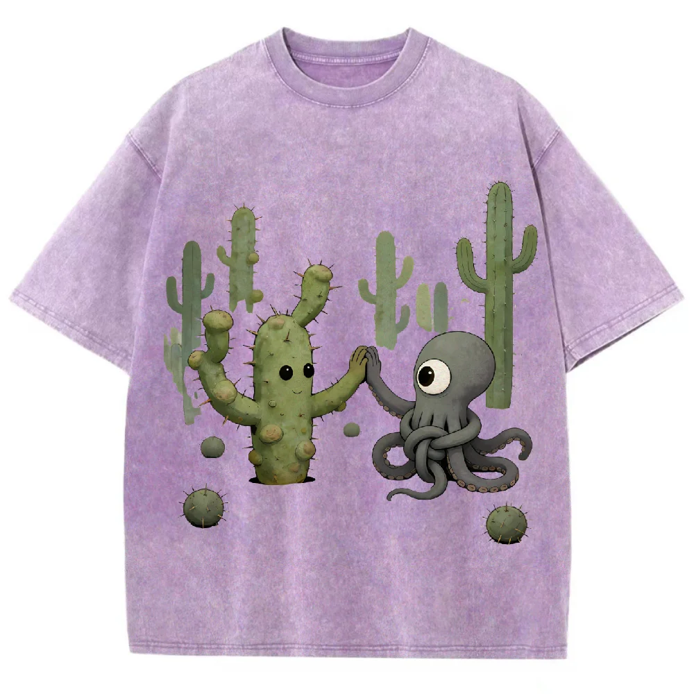 선인장 & 문어 패턴 티셔츠 오버사이즈 반팔 유니섹스 티셔츠 코튼 핏 캐주얼 아웃도어 웨어 베이직 프레시 디자인 2025