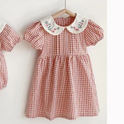 2-6Yrs Summer Girl Draped Dress Children Dress Pink Plaid Turn-Down Collar Kids Clothes Embroidery Toddler Baby Girls Clothing