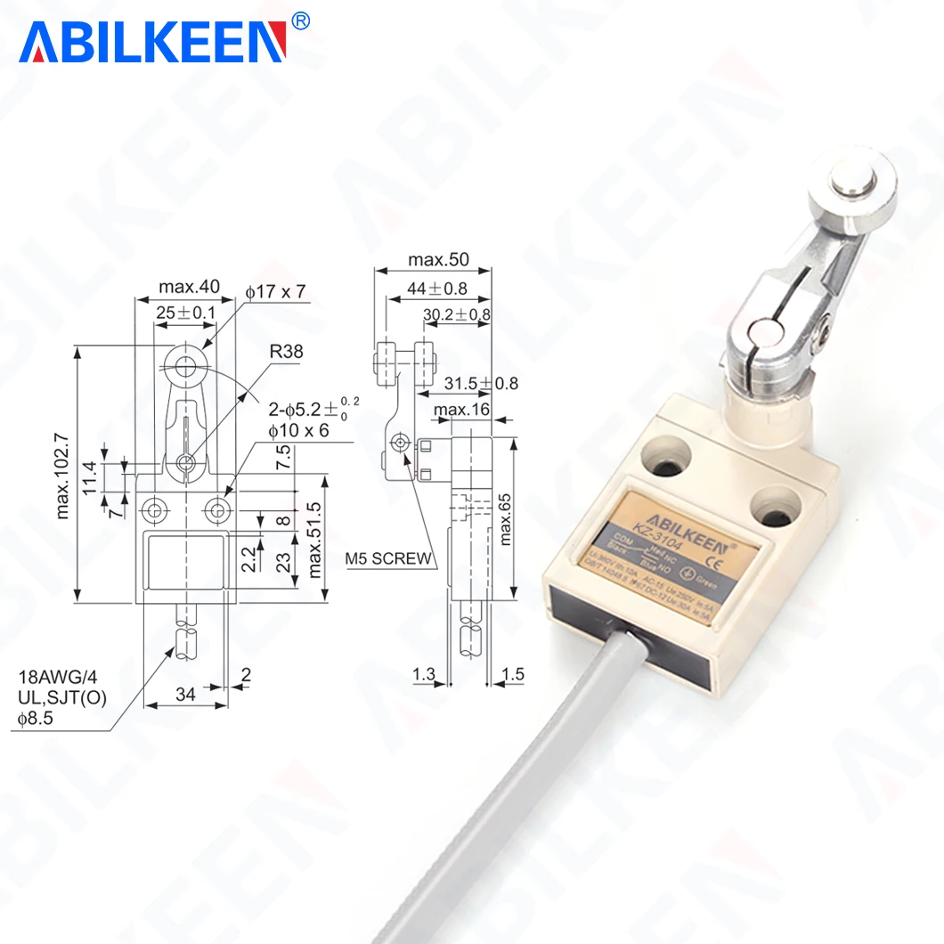 ABILKEEN KZ-3104 Rotary Swing Arm with Roller Limit Travel Switch1NO1NC Terminal 250VAC 5A Momentary Limit Switch  IP68 for CNC